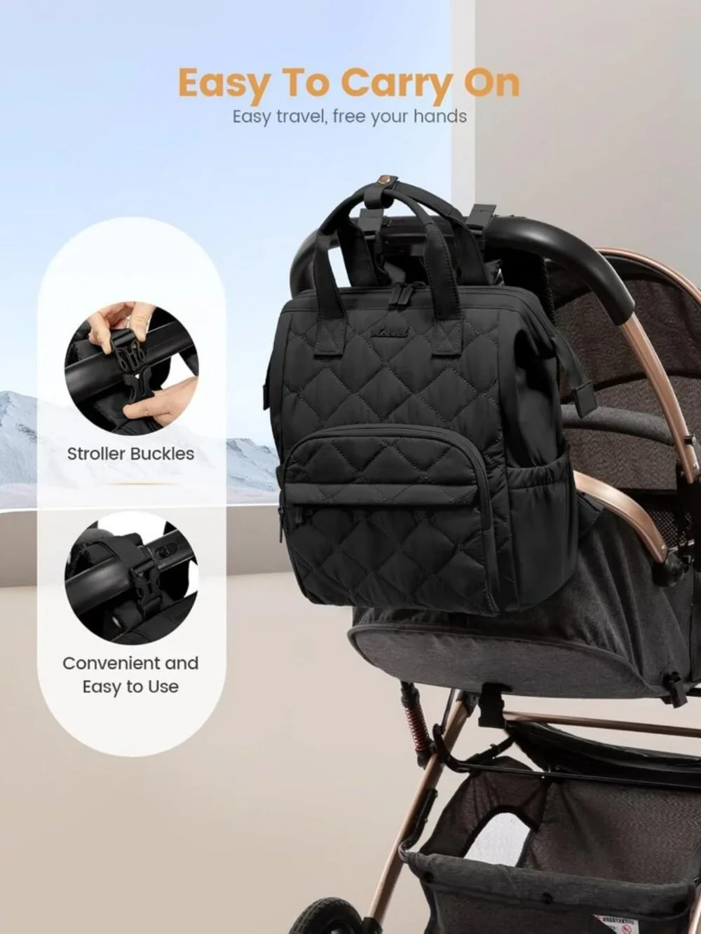 Stylish Mini Diaper Bag Backpack with Changing Pad & Stroller Straps - Black
